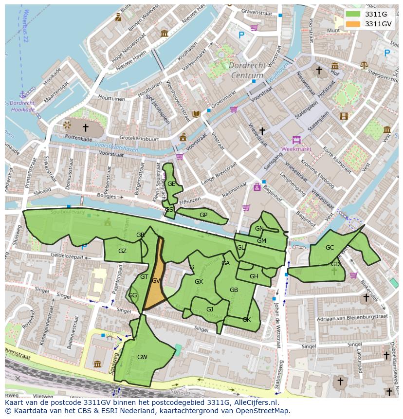 Afbeelding van het postcodegebied 3311 GV op de kaart.