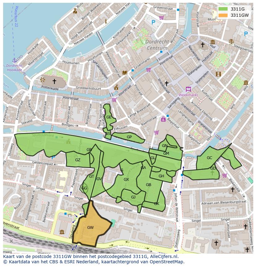 Afbeelding van het postcodegebied 3311 GW op de kaart.
