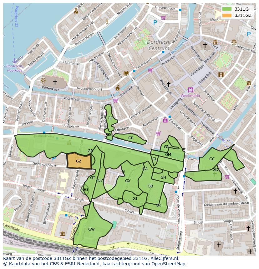 Afbeelding van het postcodegebied 3311 GZ op de kaart.