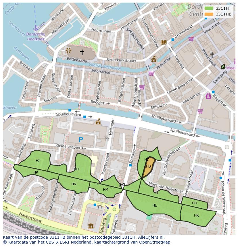 Afbeelding van het postcodegebied 3311 HB op de kaart.