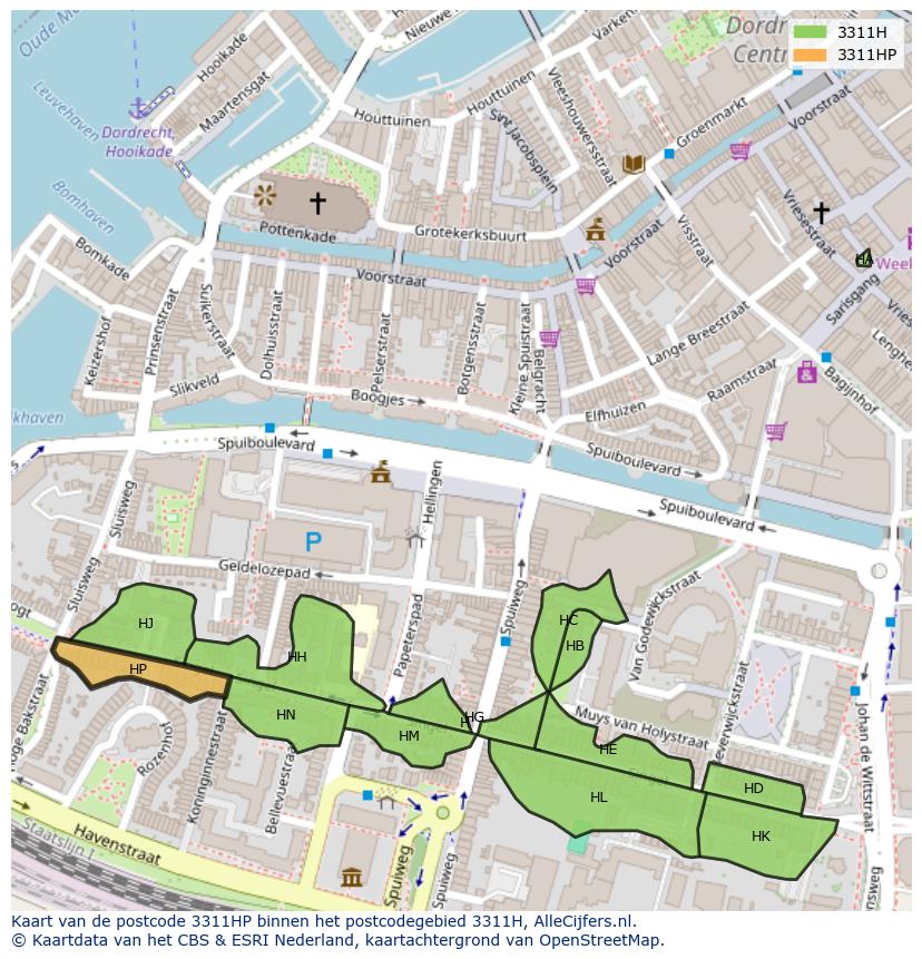 Afbeelding van het postcodegebied 3311 HP op de kaart.
