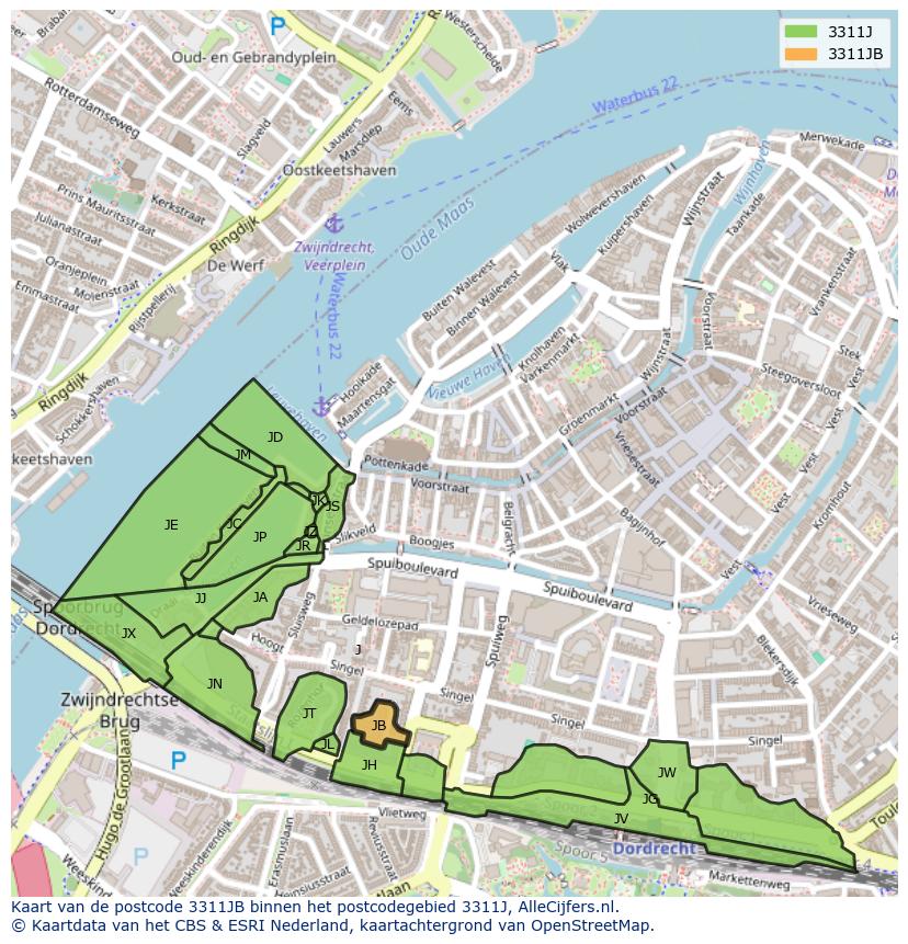 Afbeelding van het postcodegebied 3311 JB op de kaart.