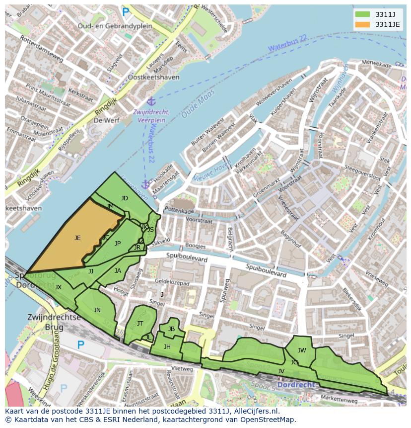 Afbeelding van het postcodegebied 3311 JE op de kaart.