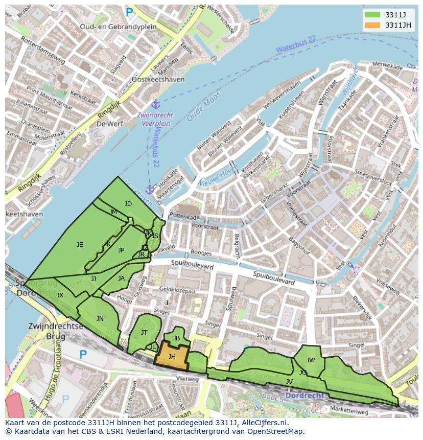 Afbeelding van het postcodegebied 3311 JH op de kaart.
