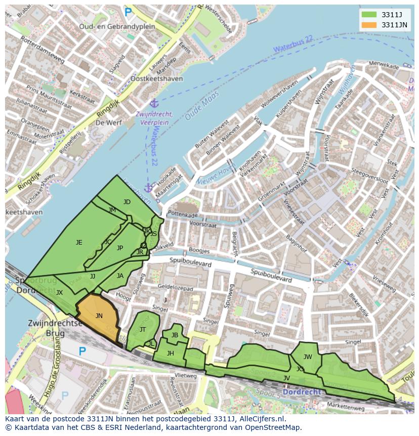 Afbeelding van het postcodegebied 3311 JN op de kaart.