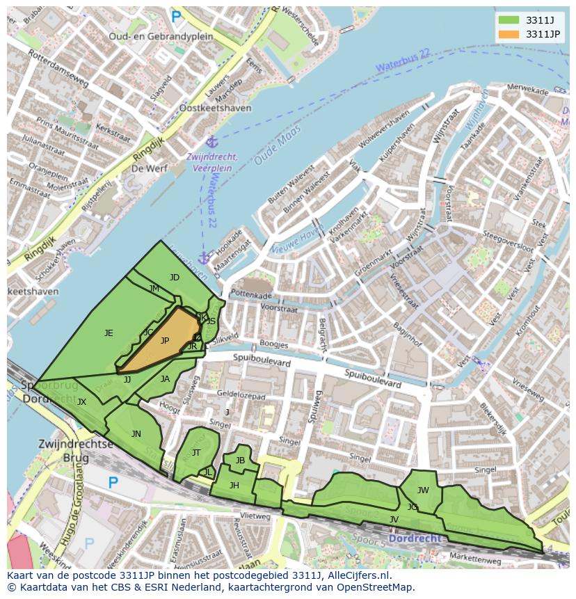 Afbeelding van het postcodegebied 3311 JP op de kaart.
