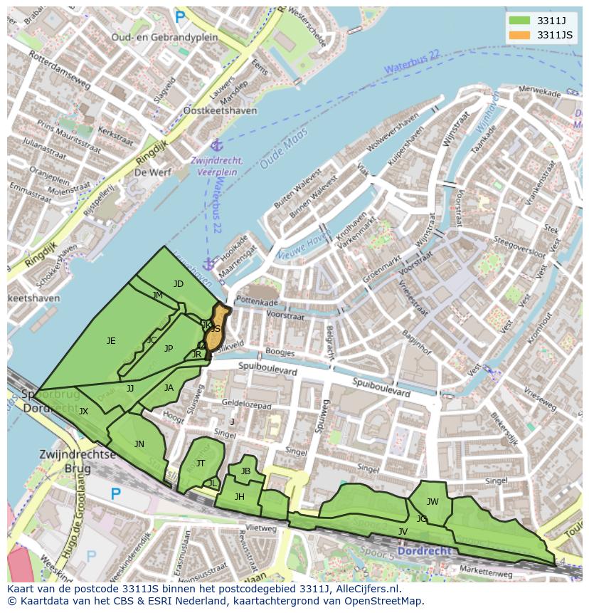 Afbeelding van het postcodegebied 3311 JS op de kaart.