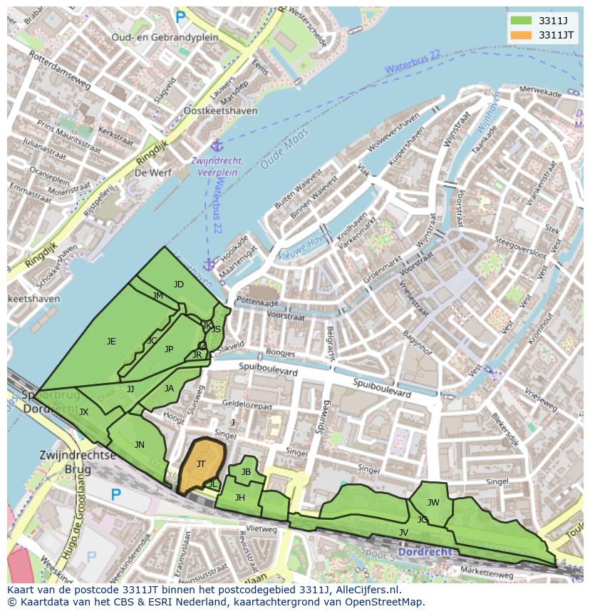 Afbeelding van het postcodegebied 3311 JT op de kaart.