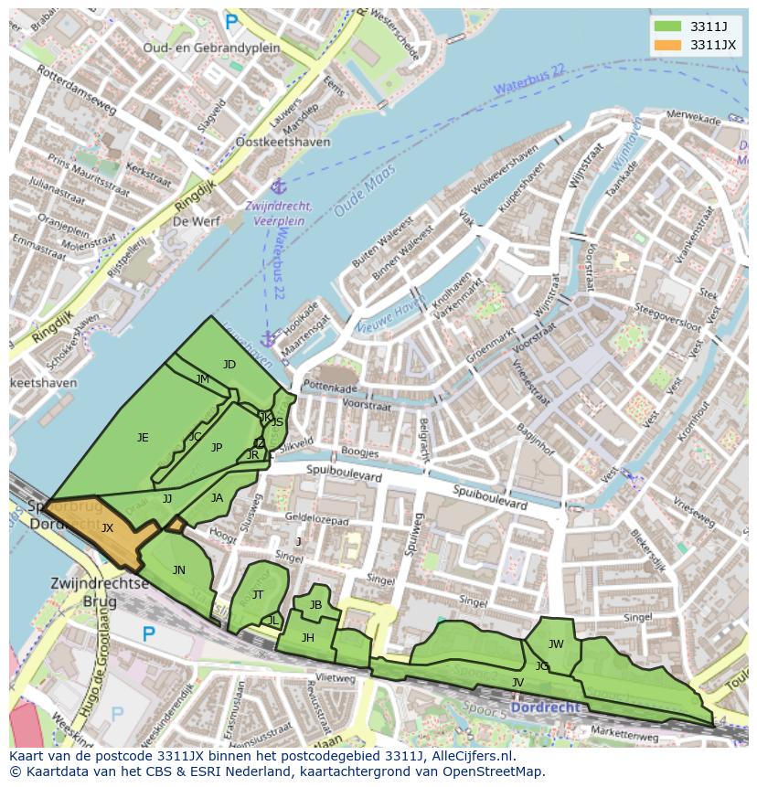 Afbeelding van het postcodegebied 3311 JX op de kaart.