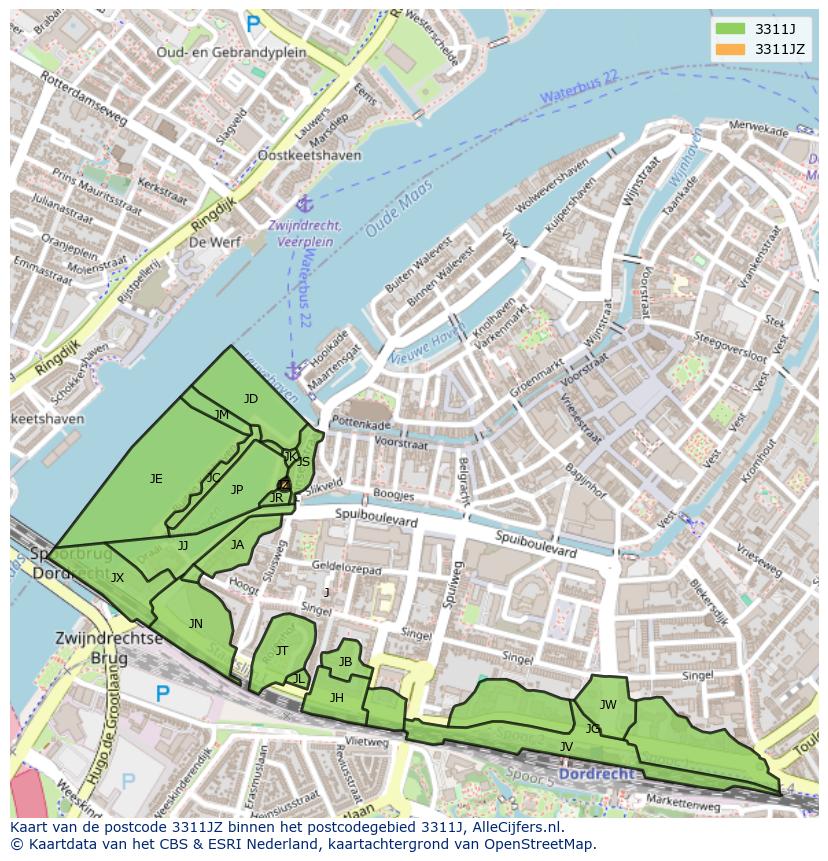 Afbeelding van het postcodegebied 3311 JZ op de kaart.