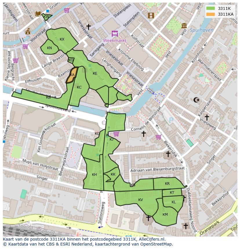 Afbeelding van het postcodegebied 3311 KA op de kaart.