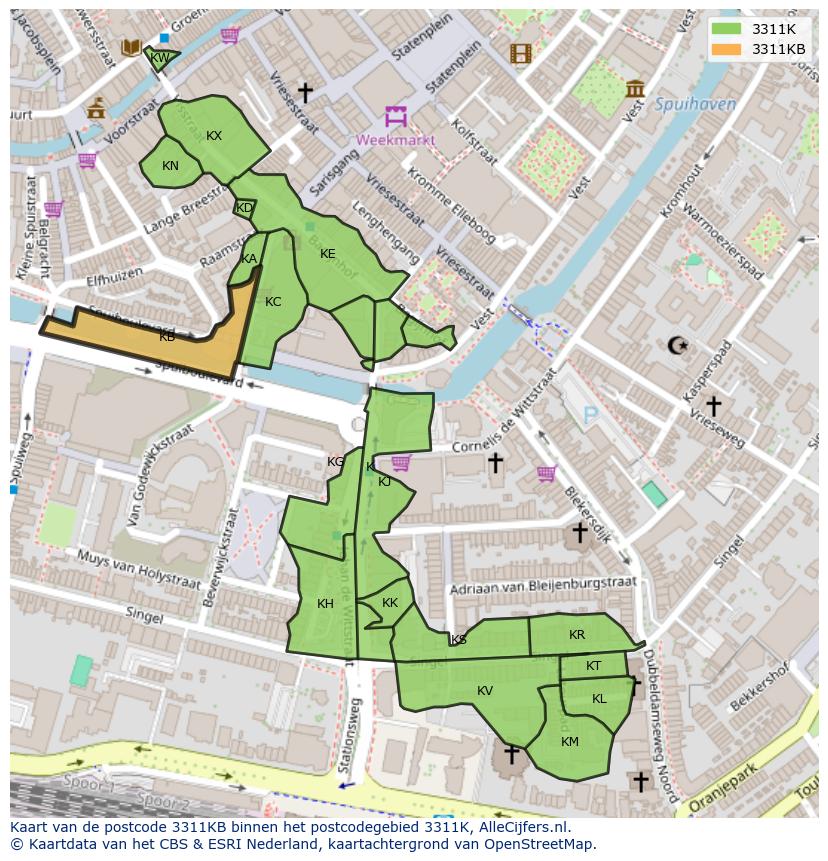 Afbeelding van het postcodegebied 3311 KB op de kaart.