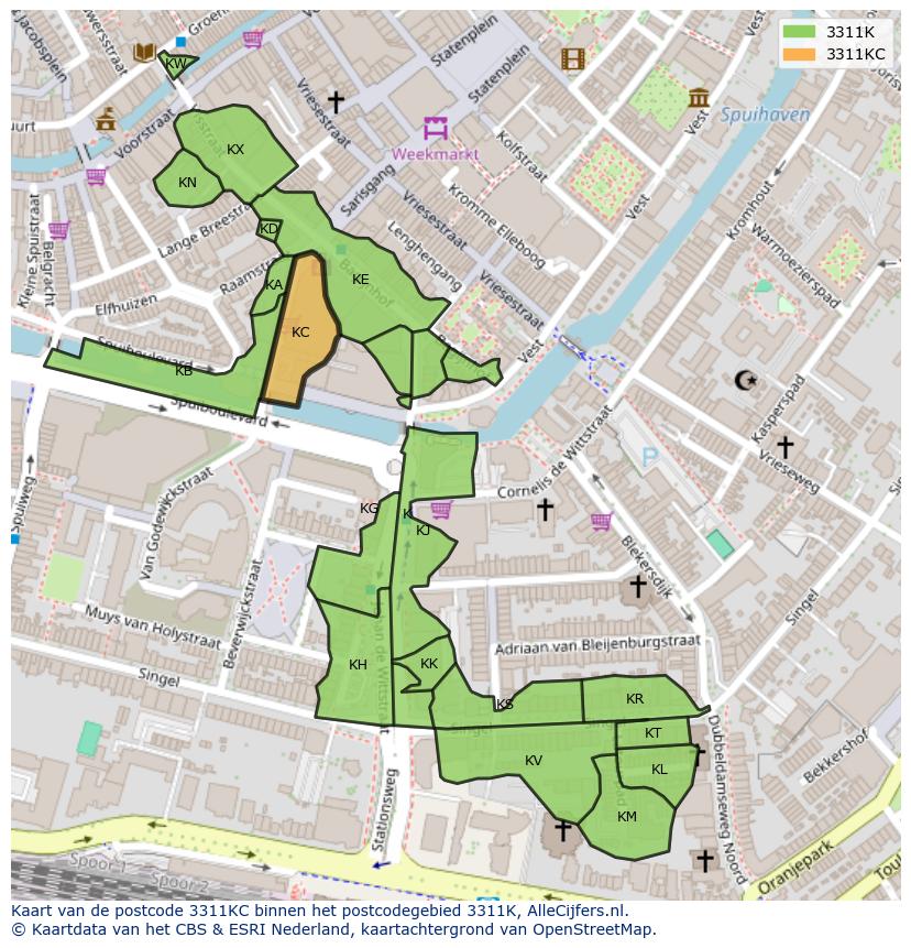 Afbeelding van het postcodegebied 3311 KC op de kaart.
