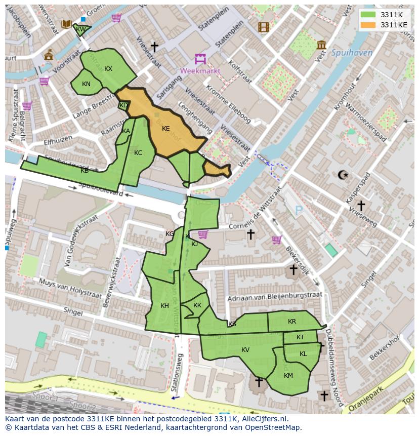 Afbeelding van het postcodegebied 3311 KE op de kaart.