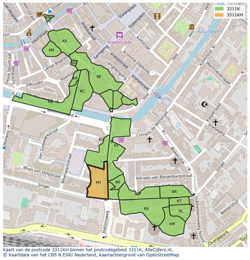 Afbeelding van het postcodegebied 3311 KH op de kaart.