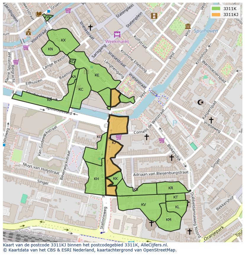 Afbeelding van het postcodegebied 3311 KJ op de kaart.