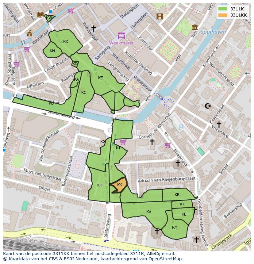 Afbeelding van het postcodegebied 3311 KK op de kaart.