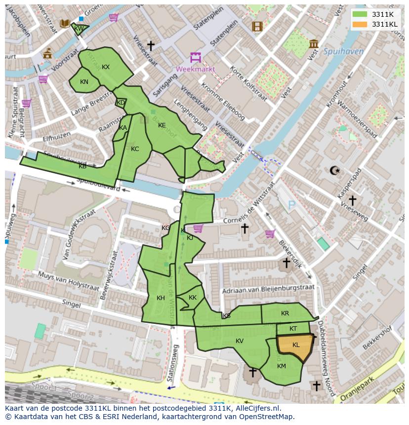 Afbeelding van het postcodegebied 3311 KL op de kaart.