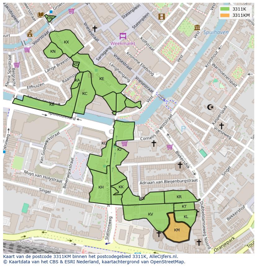 Afbeelding van het postcodegebied 3311 KM op de kaart.