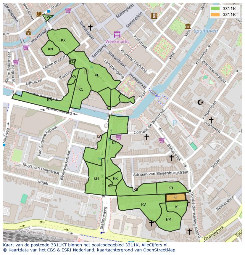 Afbeelding van het postcodegebied 3311 KT op de kaart.