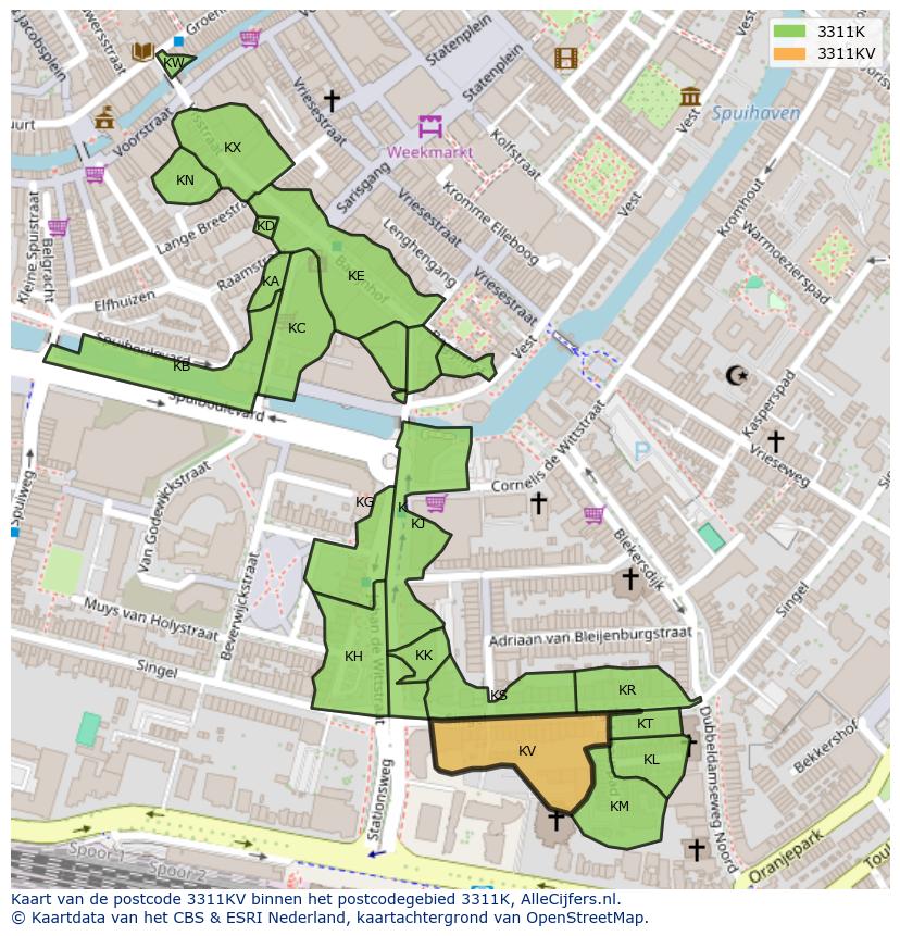 Afbeelding van het postcodegebied 3311 KV op de kaart.