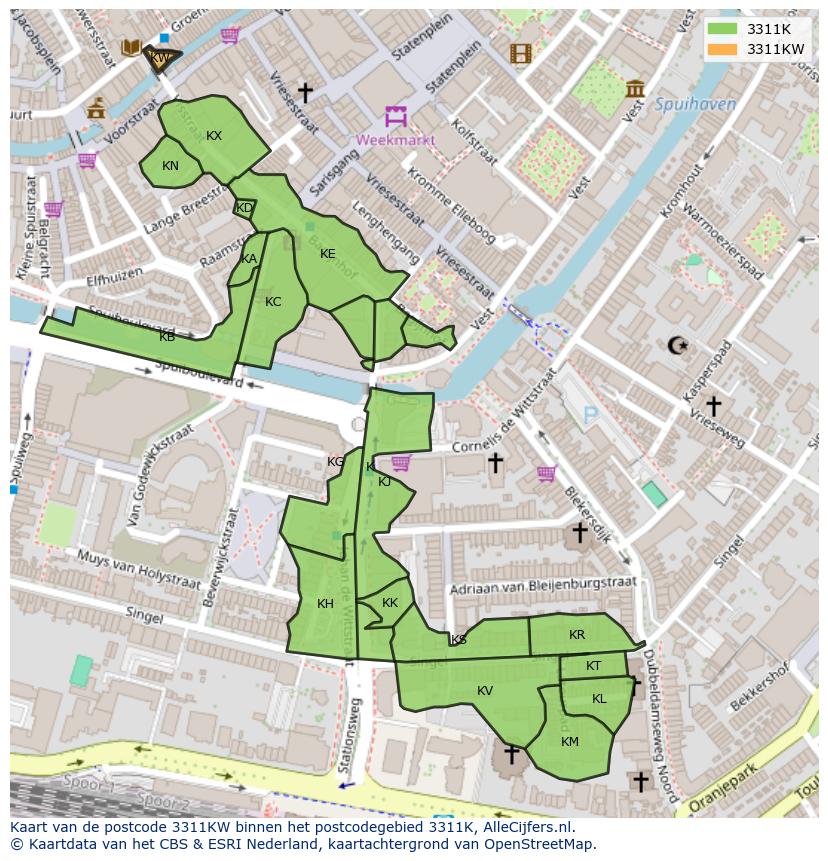 Afbeelding van het postcodegebied 3311 KW op de kaart.