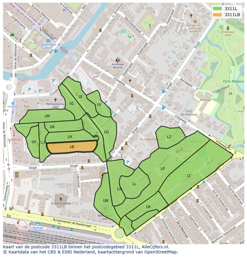 Afbeelding van het postcodegebied 3311 LB op de kaart.