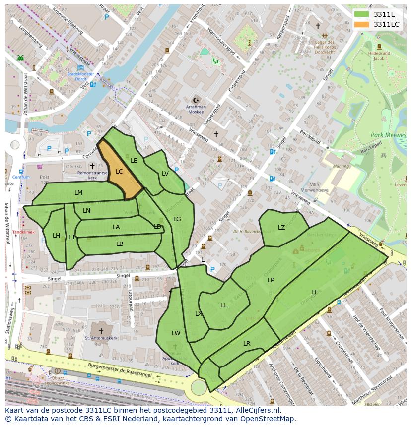 Afbeelding van het postcodegebied 3311 LC op de kaart.