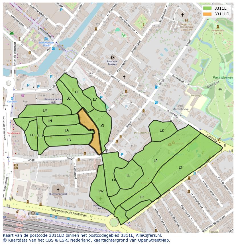 Afbeelding van het postcodegebied 3311 LD op de kaart.