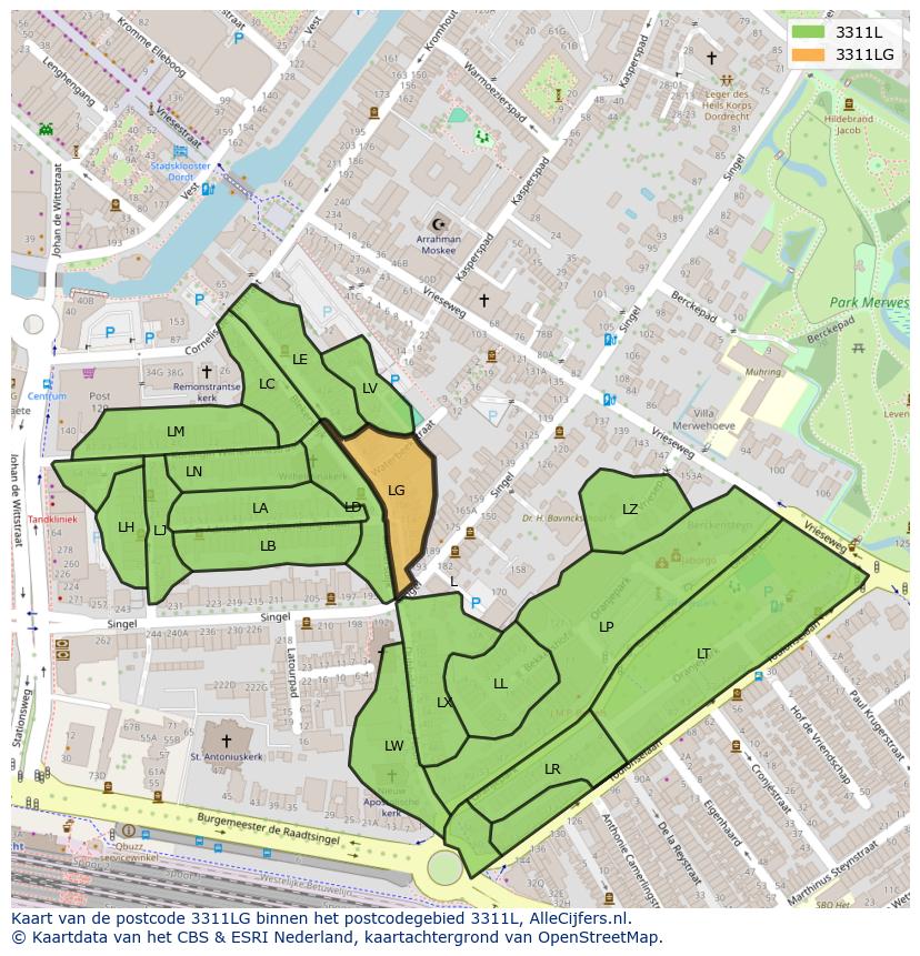 Afbeelding van het postcodegebied 3311 LG op de kaart.