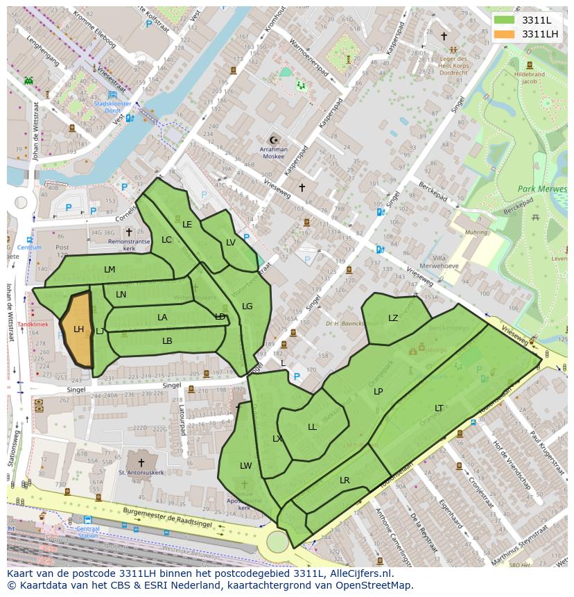 Afbeelding van het postcodegebied 3311 LH op de kaart.