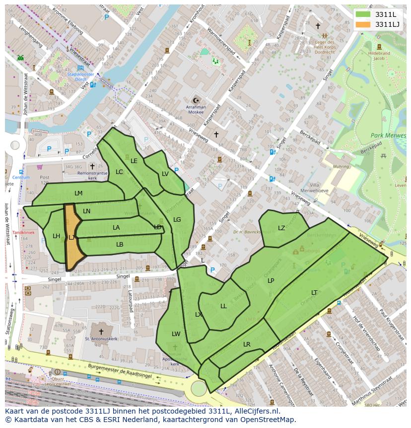Afbeelding van het postcodegebied 3311 LJ op de kaart.