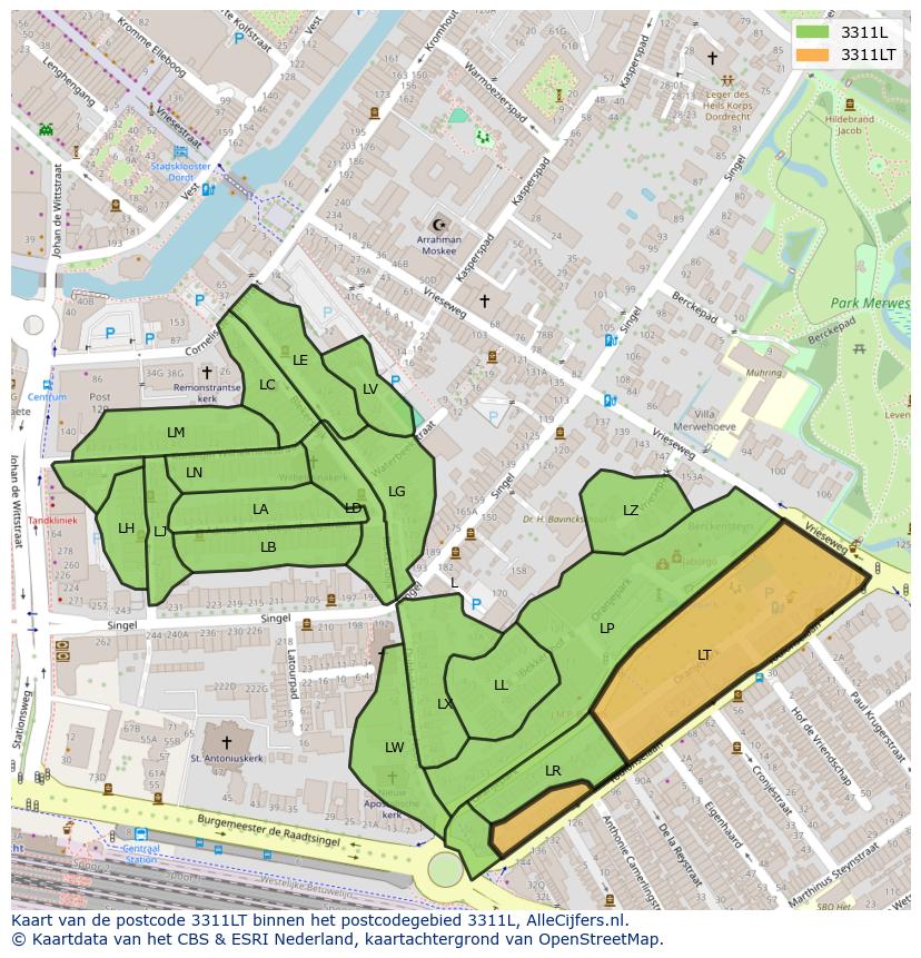 Afbeelding van het postcodegebied 3311 LT op de kaart.