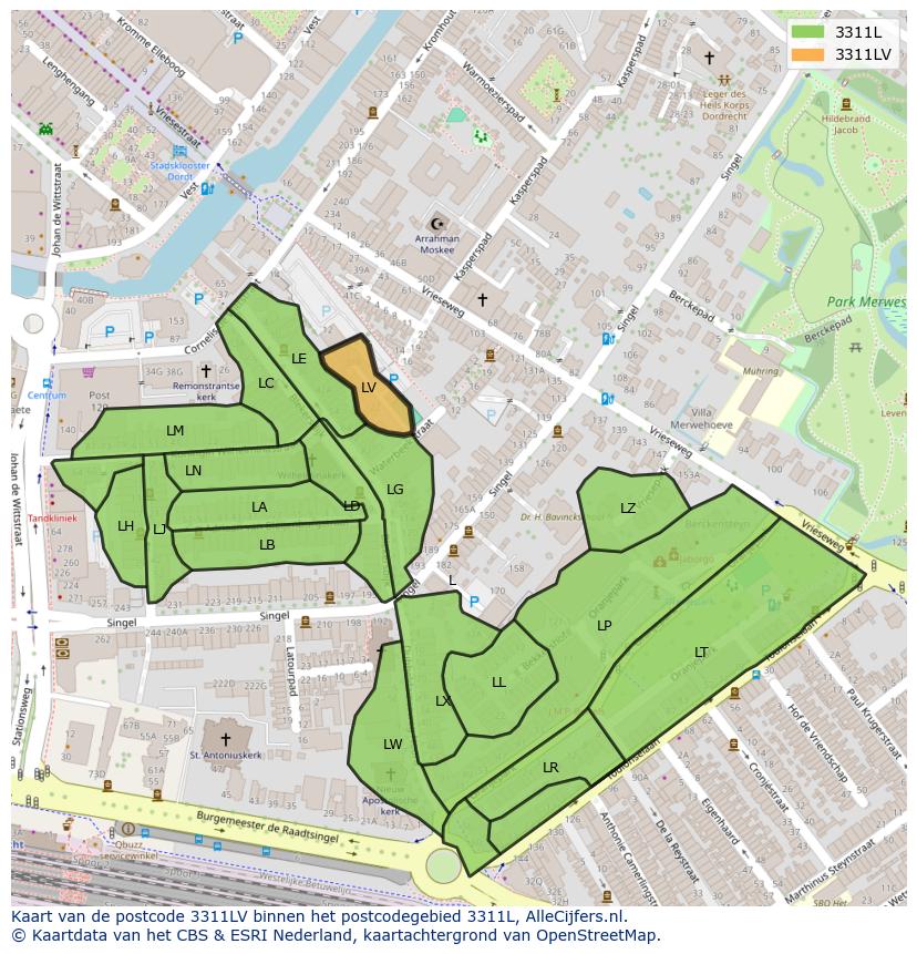 Afbeelding van het postcodegebied 3311 LV op de kaart.