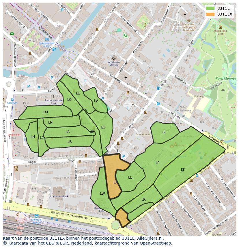 Afbeelding van het postcodegebied 3311 LX op de kaart.