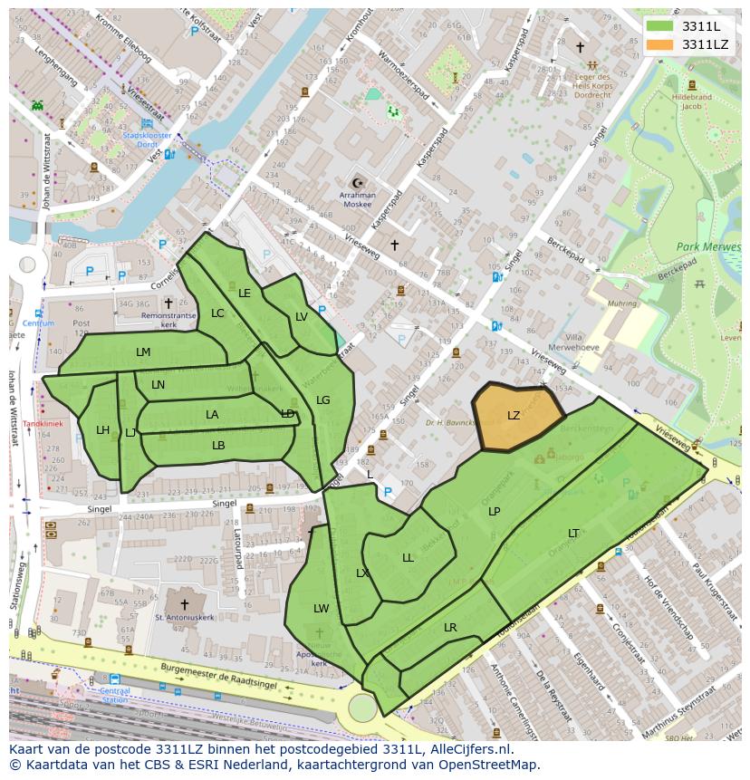 Afbeelding van het postcodegebied 3311 LZ op de kaart.