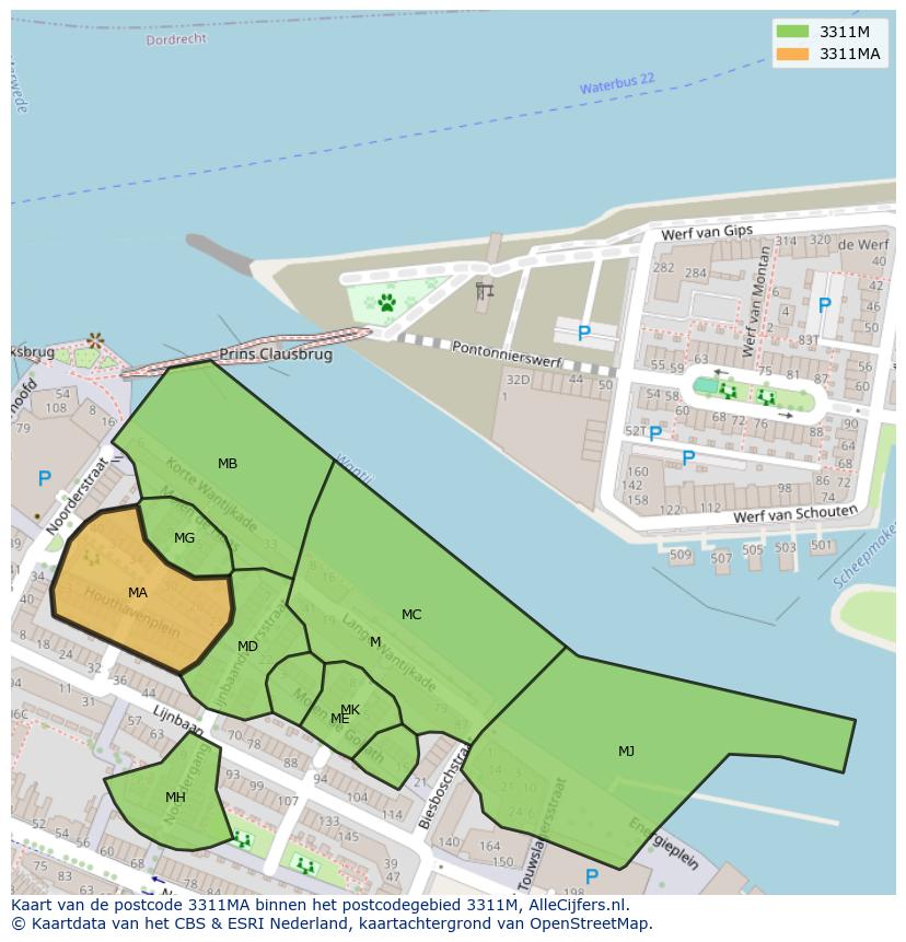 Afbeelding van het postcodegebied 3311 MA op de kaart.