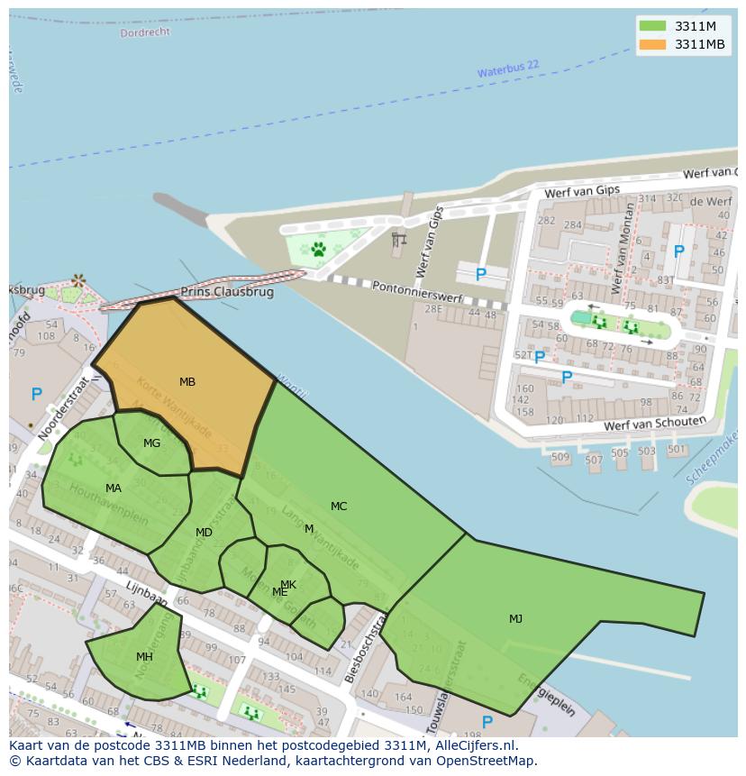 Afbeelding van het postcodegebied 3311 MB op de kaart.