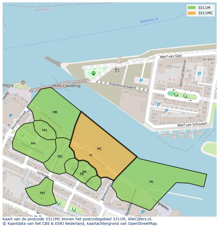 Afbeelding van het postcodegebied 3311 MC op de kaart.