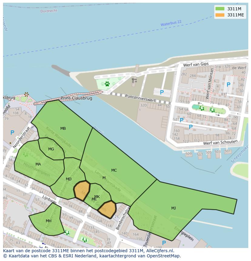 Afbeelding van het postcodegebied 3311 ME op de kaart.
