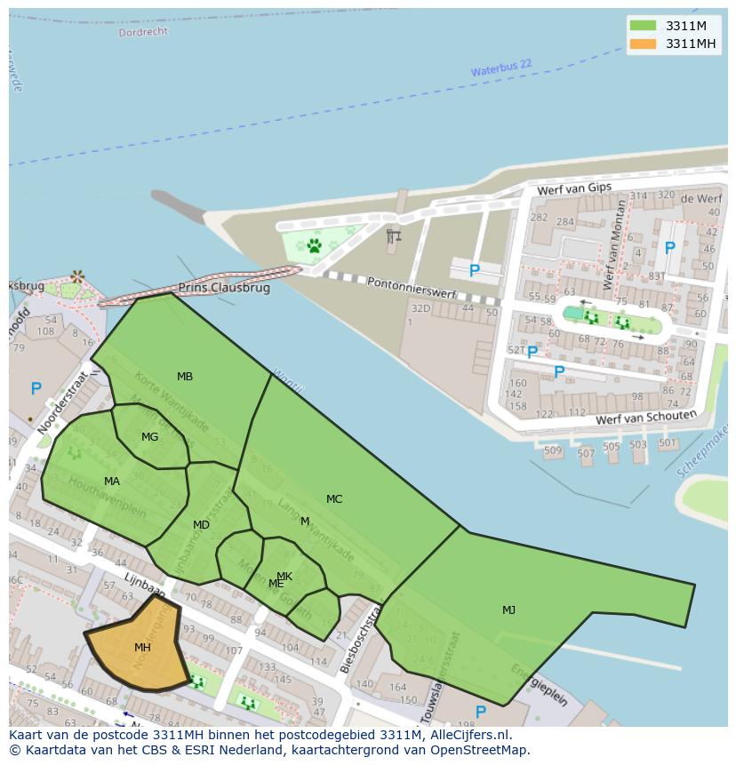 Afbeelding van het postcodegebied 3311 MH op de kaart.
