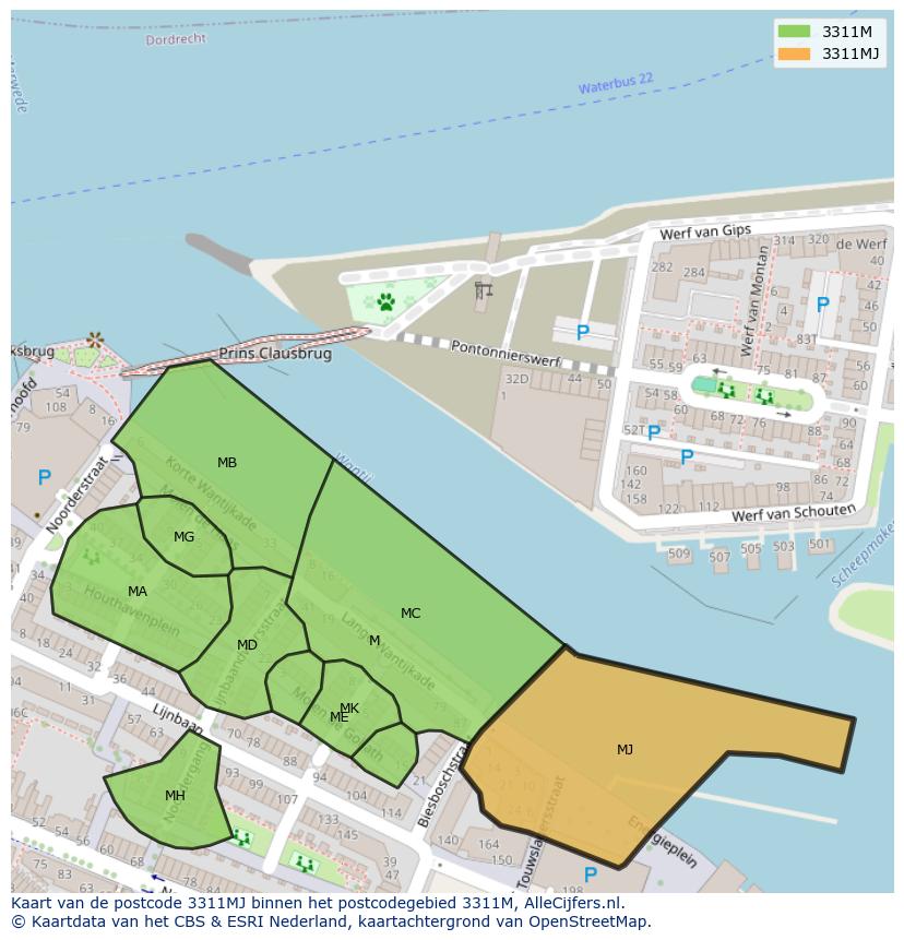 Afbeelding van het postcodegebied 3311 MJ op de kaart.
