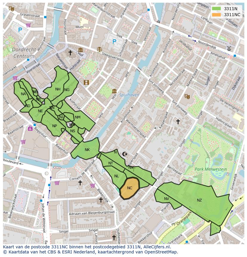 Afbeelding van het postcodegebied 3311 NC op de kaart.