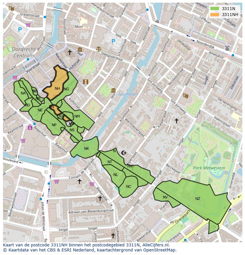 Afbeelding van het postcodegebied 3311 NH op de kaart.