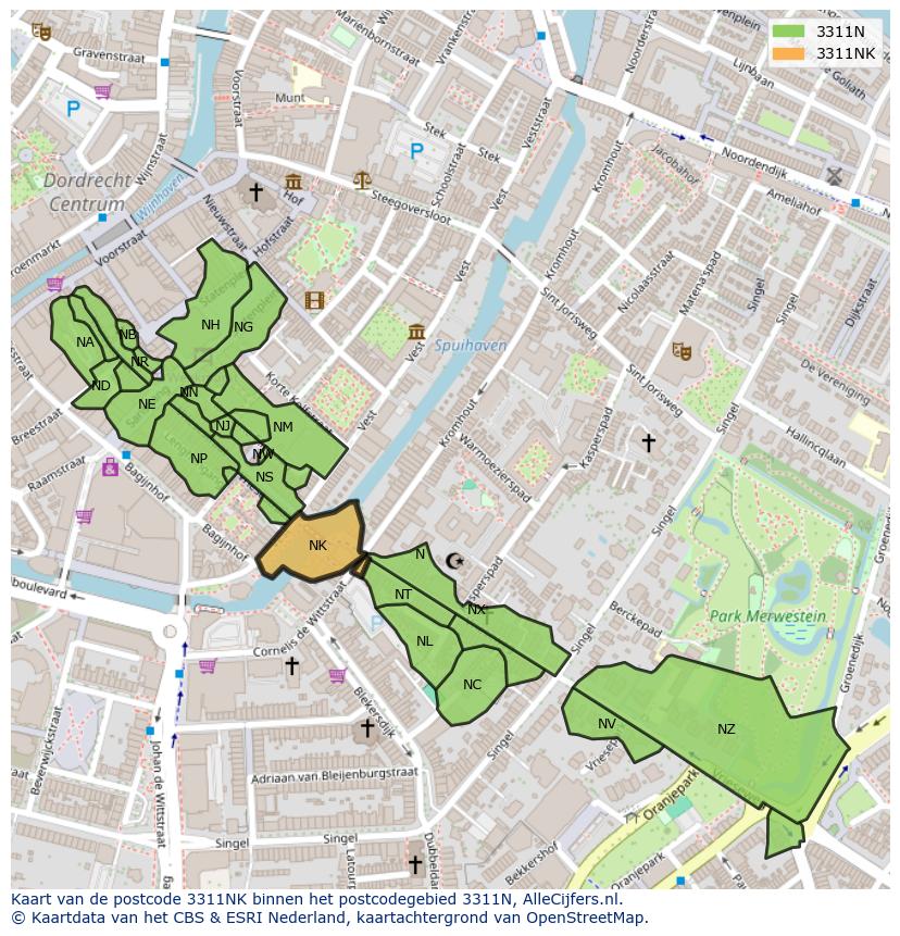 Afbeelding van het postcodegebied 3311 NK op de kaart.