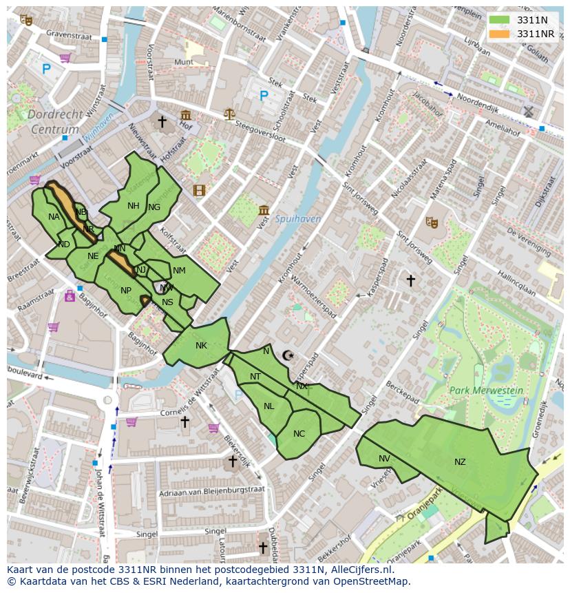 Afbeelding van het postcodegebied 3311 NR op de kaart.