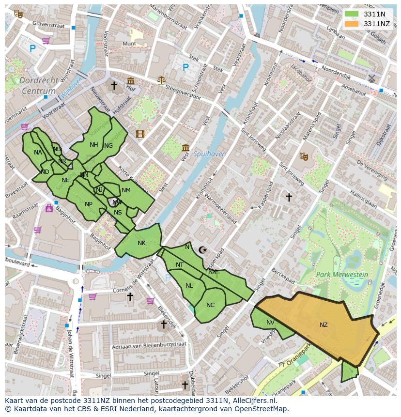 Afbeelding van het postcodegebied 3311 NZ op de kaart.