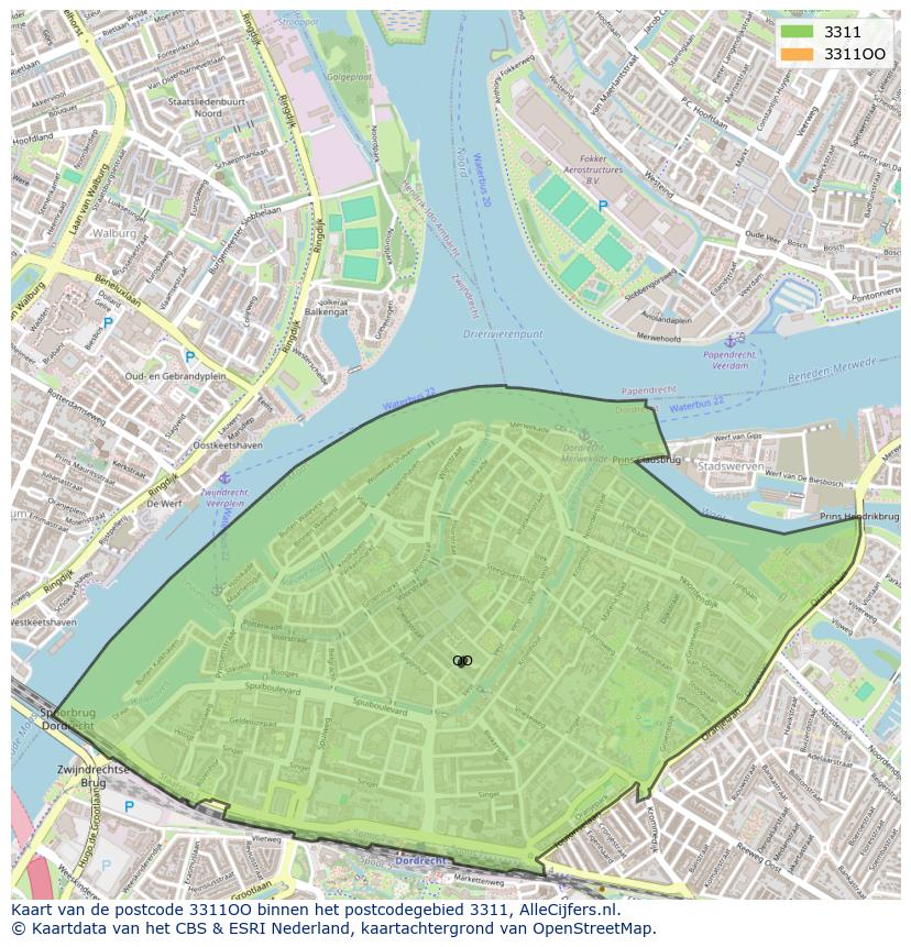 Afbeelding van het postcodegebied 3311 OO op de kaart.