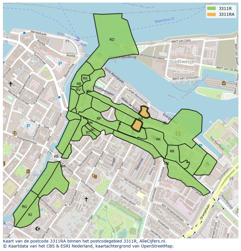 Afbeelding van het postcodegebied 3311 RA op de kaart.