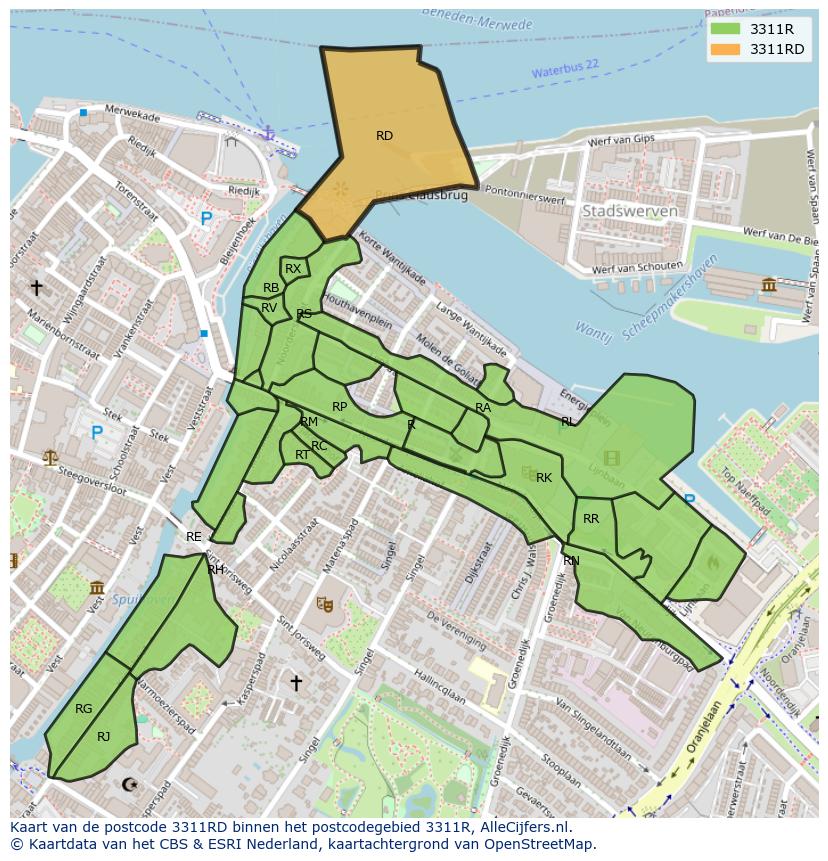 Afbeelding van het postcodegebied 3311 RD op de kaart.